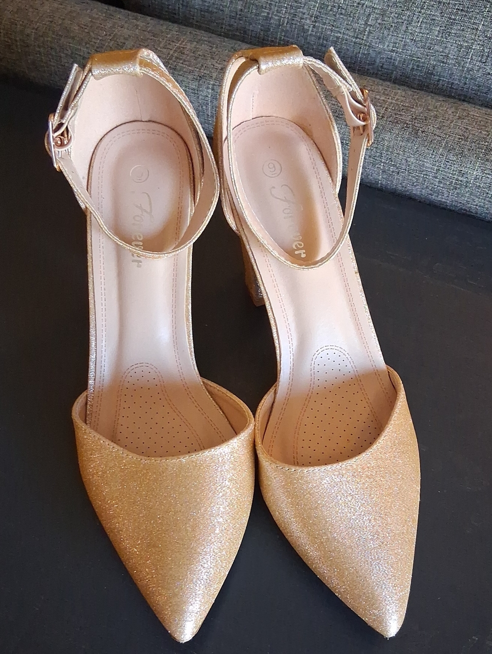 Forever 21 Glittery Gold Pointed Ankle-Strap Heels